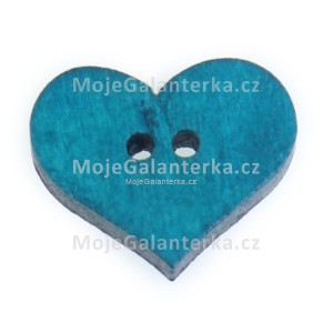 Knoflík dřevěný, srdce, 19x16mm, modrozelené