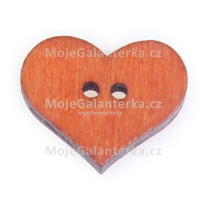 Knoflík dřevěný, srdce, 19x16mm, oranžovo-hnědé