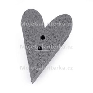 Knoflík dřevěným, srdce, 21x33mm, šedý holubí
