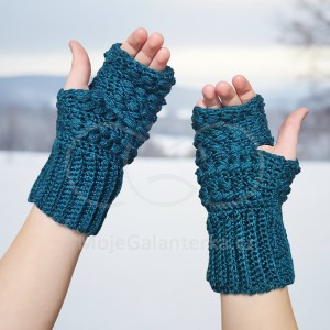 Návod na háčkované rukavice, bezprsté, s puffkovým vzorem, smaragdové