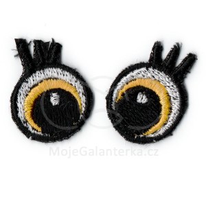 Oči vyšívané, 20 mm,  s řasami, žluté (1 pár)